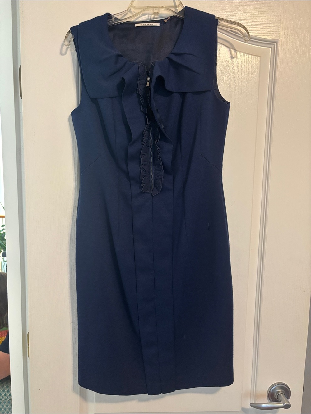 Tahari Navy Ruffle-Front Sheath Dress